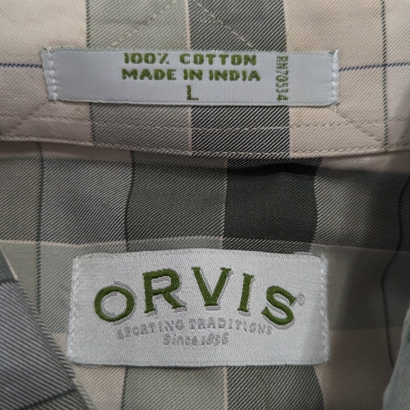 Orvis Button Front & Collar Long Sleeve Green Cream Plaid Shirt. Men's Large - Picture 5 of 7